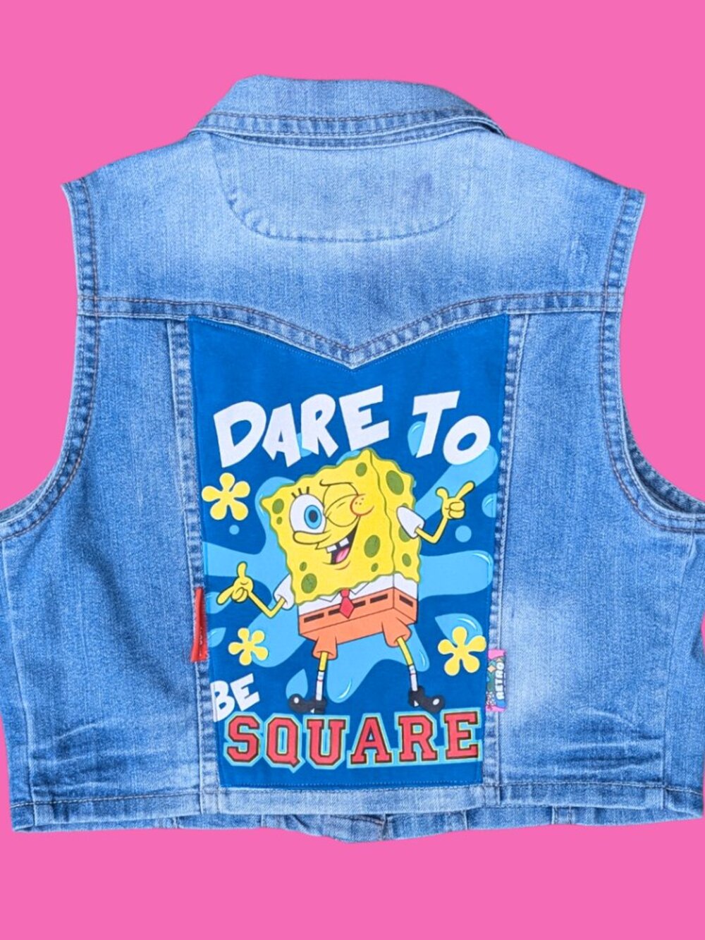 Sponge Bob Square Pants Upcycled T-Shirt Sleeveless Denim Jacket Size L (small)